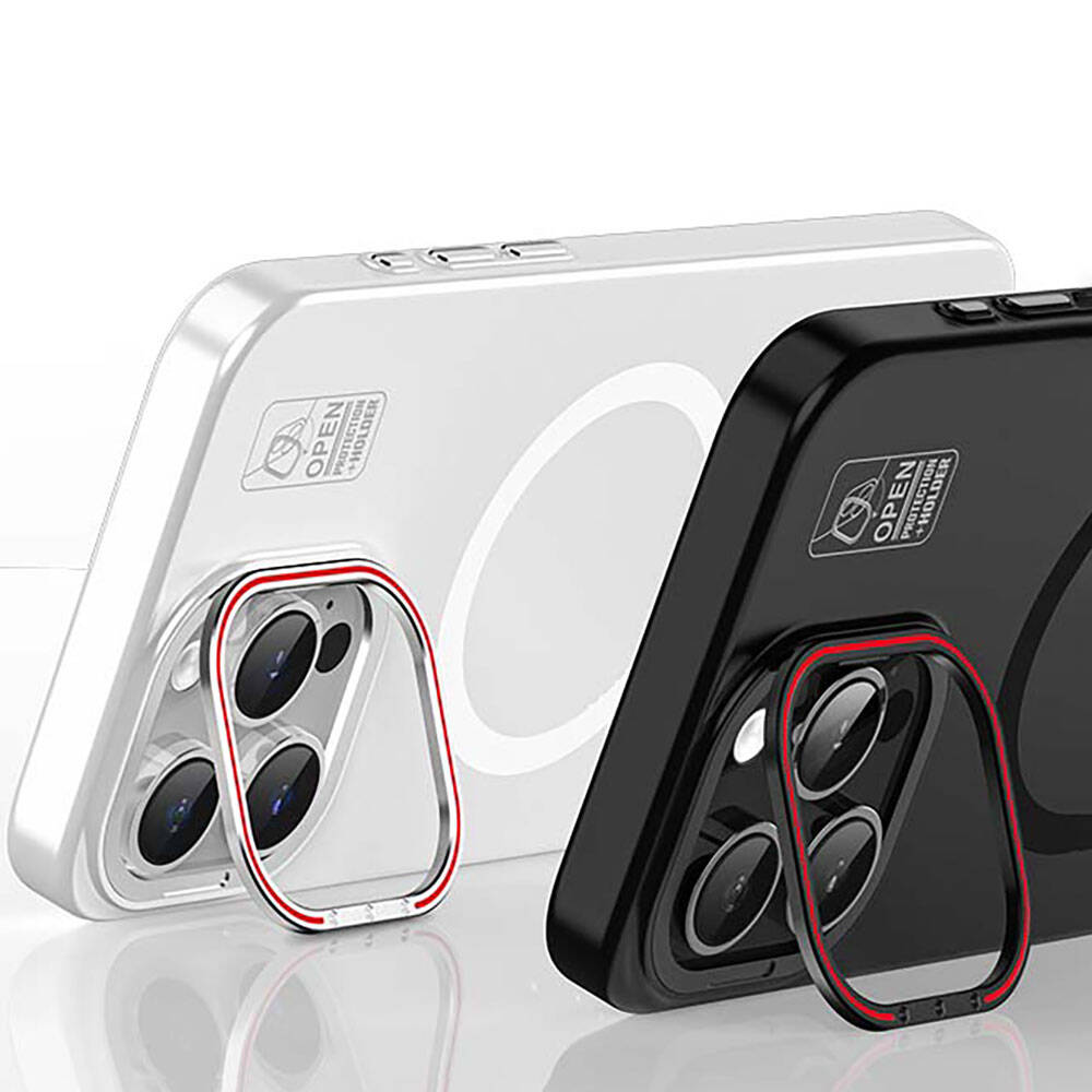 Apple iPhone 15 Pro Kılıf M-safe Şarj Özellikli Standlı Metal Kamera Çerçeveli Mat Recci Glaze Serisi Kapak Beyaz