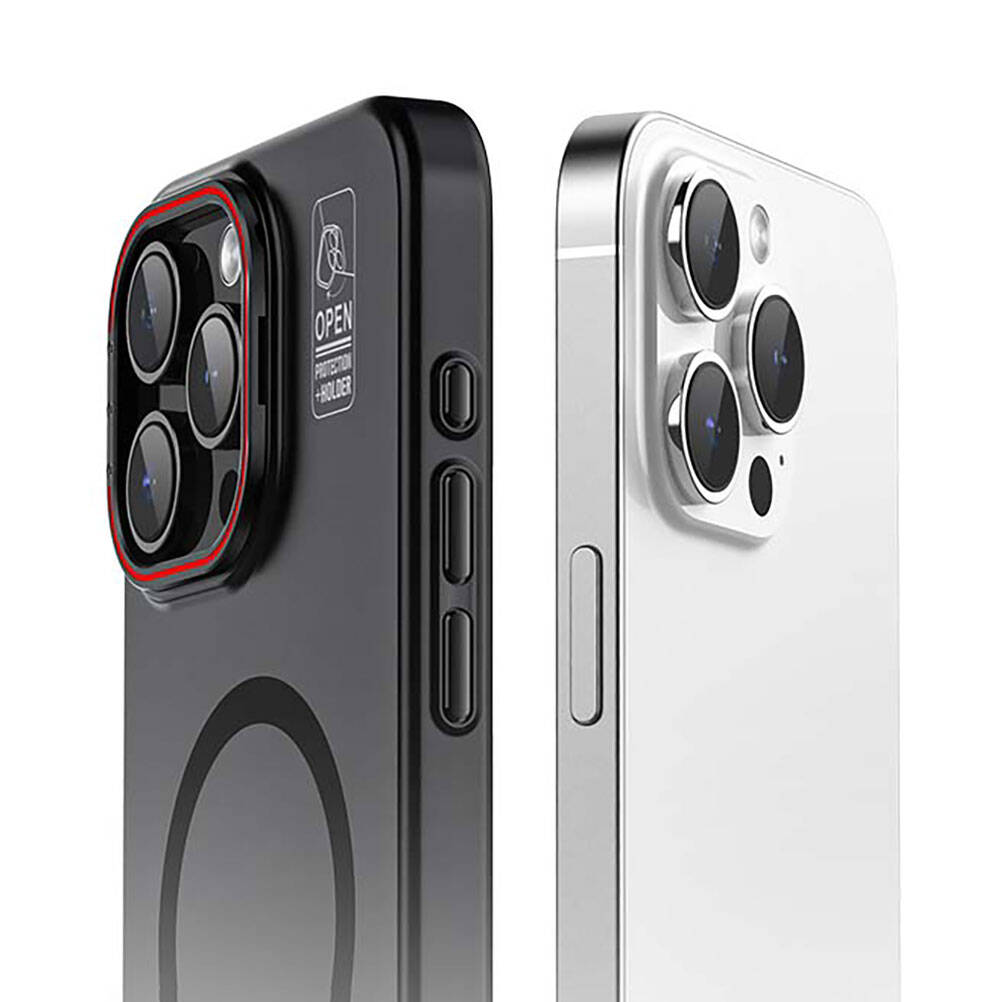 Apple iPhone 15 Pro Kılıf M-safe Şarj Özellikli Standlı Metal Kamera Çerçeveli Mat Recci Glaze Serisi Kapak Siyah