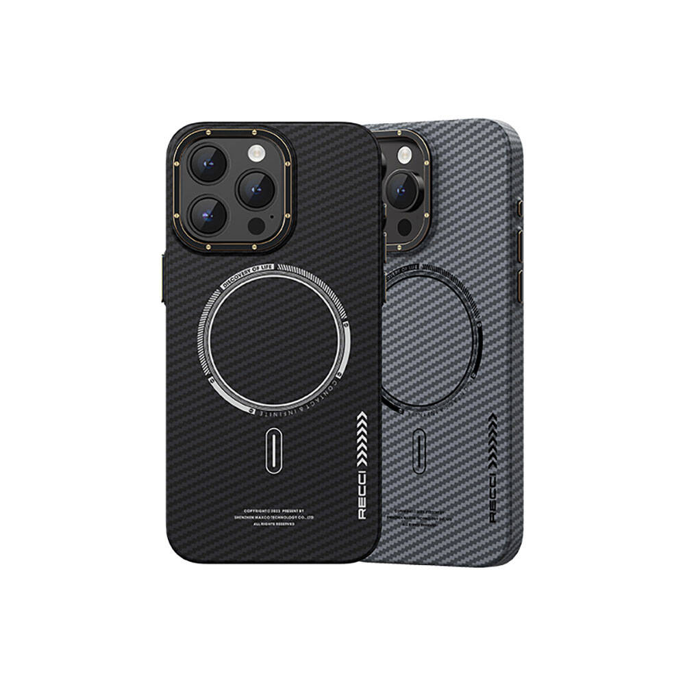 Apple iPhone 15 Pro Kılıf Recci Machinist Serisi M-safe Şarj Özellikli Magnetik Karbon Kapak Gri