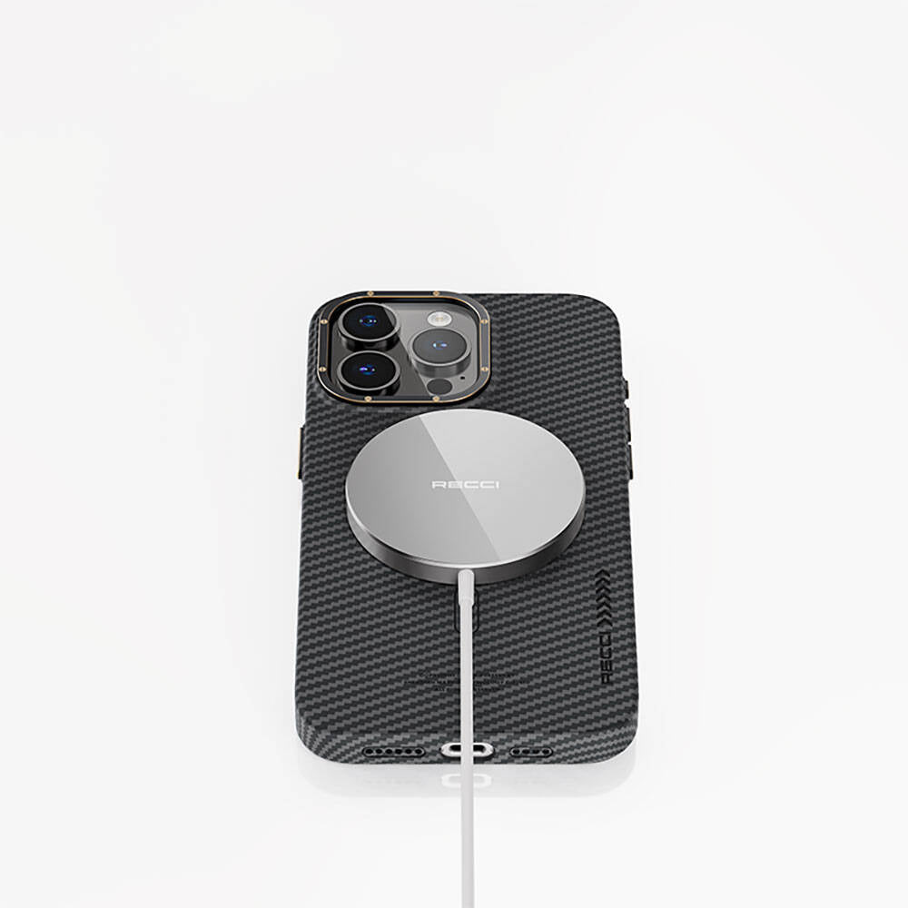 Apple iPhone 15 Pro Kılıf Recci Machinist Serisi M-safe Şarj Özellikli Magnetik Karbon Kapak Gri