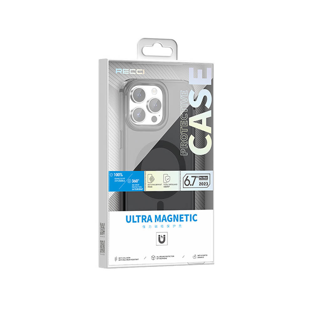 Apple iPhone 15 Pro Max Kılıf M-safe Şarj Özellikli Saydam Arka Yüzey Recci Crystal Color Serisi Kapak Mavi