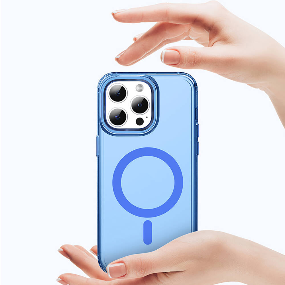 Apple iPhone 15 Pro Max Kılıf M-safe Şarj Özellikli Saydam Arka Yüzey Recci Crystal Color Serisi Kapak Mavi