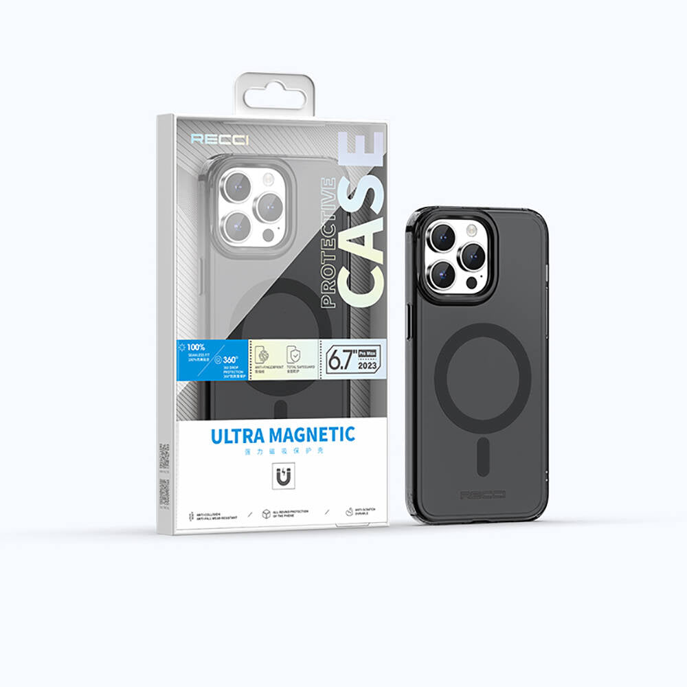 Apple iPhone 15 Pro Max Kılıf M-safe Şarj Özellikli Saydam Arka Yüzey Recci Crystal Color Serisi Kapak Mavi