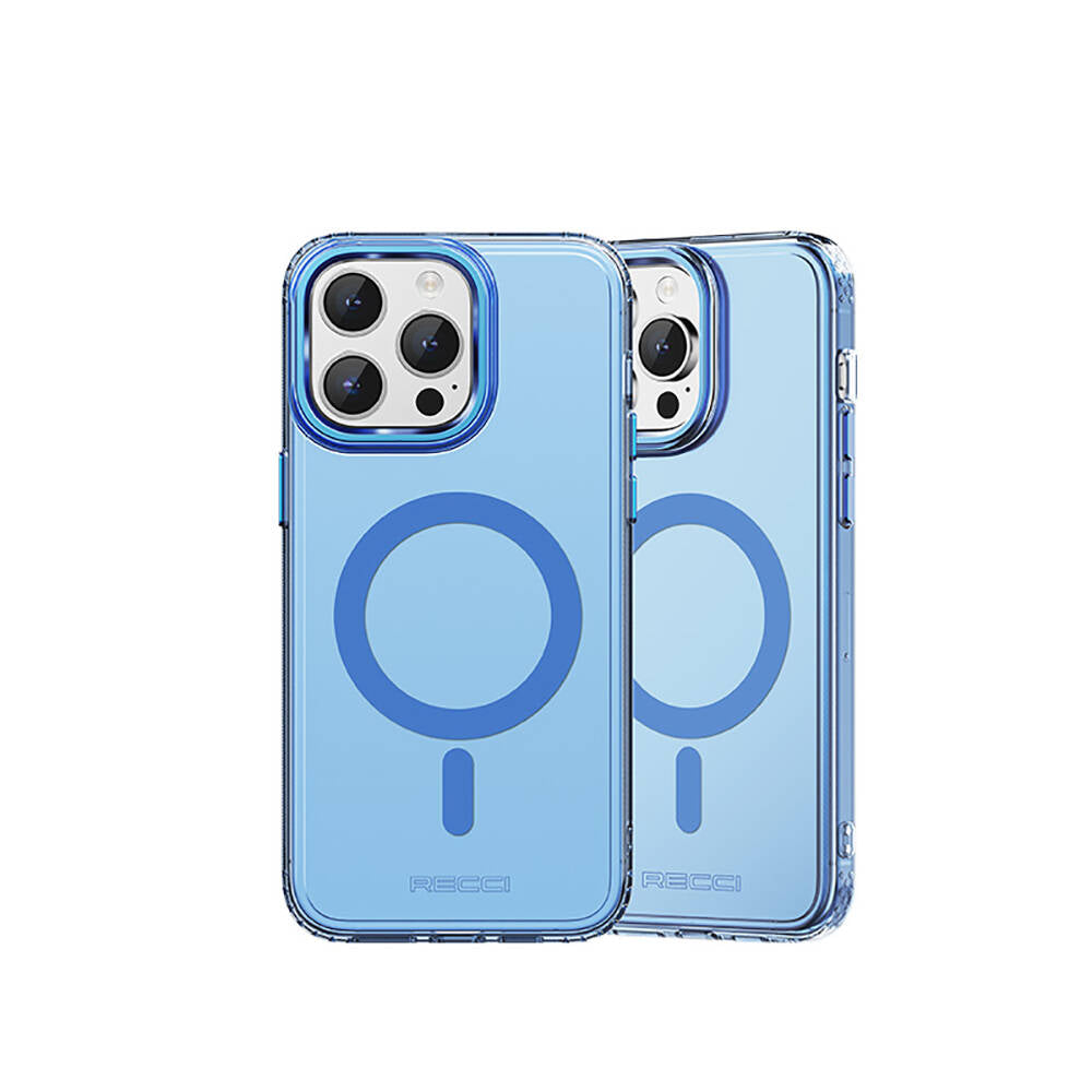 Apple iPhone 15 Pro Max Kılıf M-safe Şarj Özellikli Saydam Arka Yüzey Recci Crystal Color Serisi Kapak Mavi