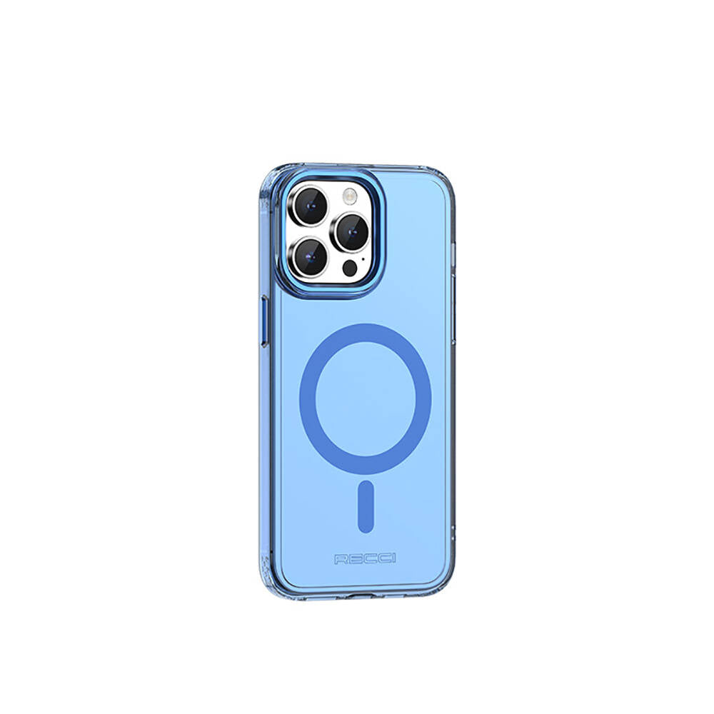 Apple iPhone 15 Pro Max Kılıf M-safe Şarj Özellikli Saydam Arka Yüzey Recci Crystal Color Serisi Kapak Mavi