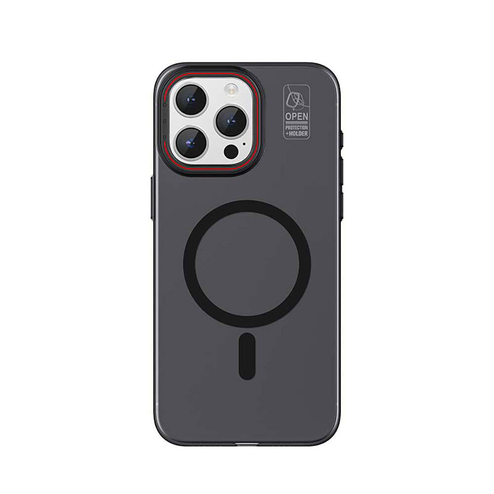 Apple iPhone 15 Pro Max Kılıf M-safe Şarj Özellikli Standlı Metal Kamera Çerçeveli Mat Recci Glaze Serisi Kapak Siyah