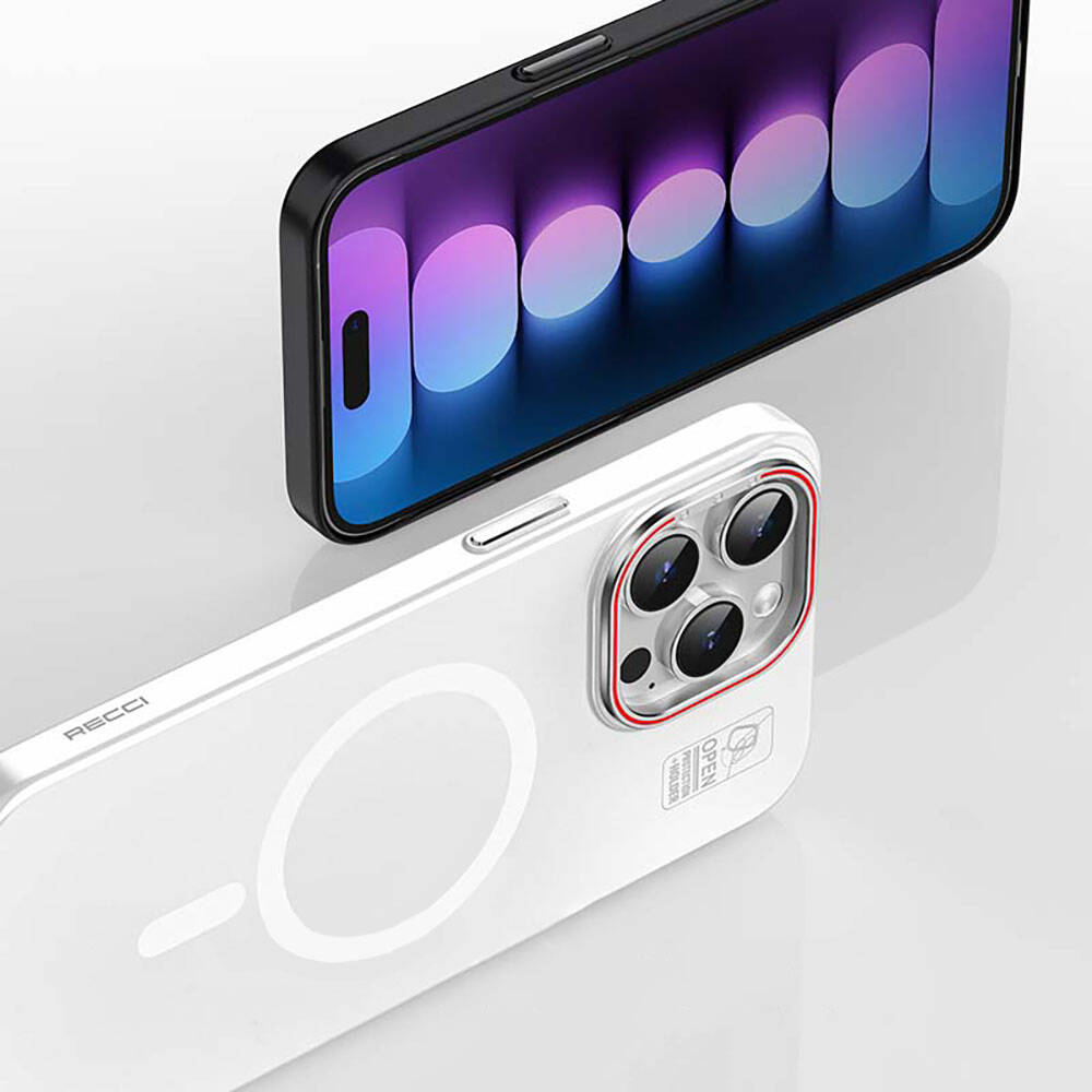 Apple iPhone 15 Pro Max Kılıf M-safe Şarj Özellikli Standlı Metal Kamera Çerçeveli Mat Recci Glaze Serisi Kapak Siyah