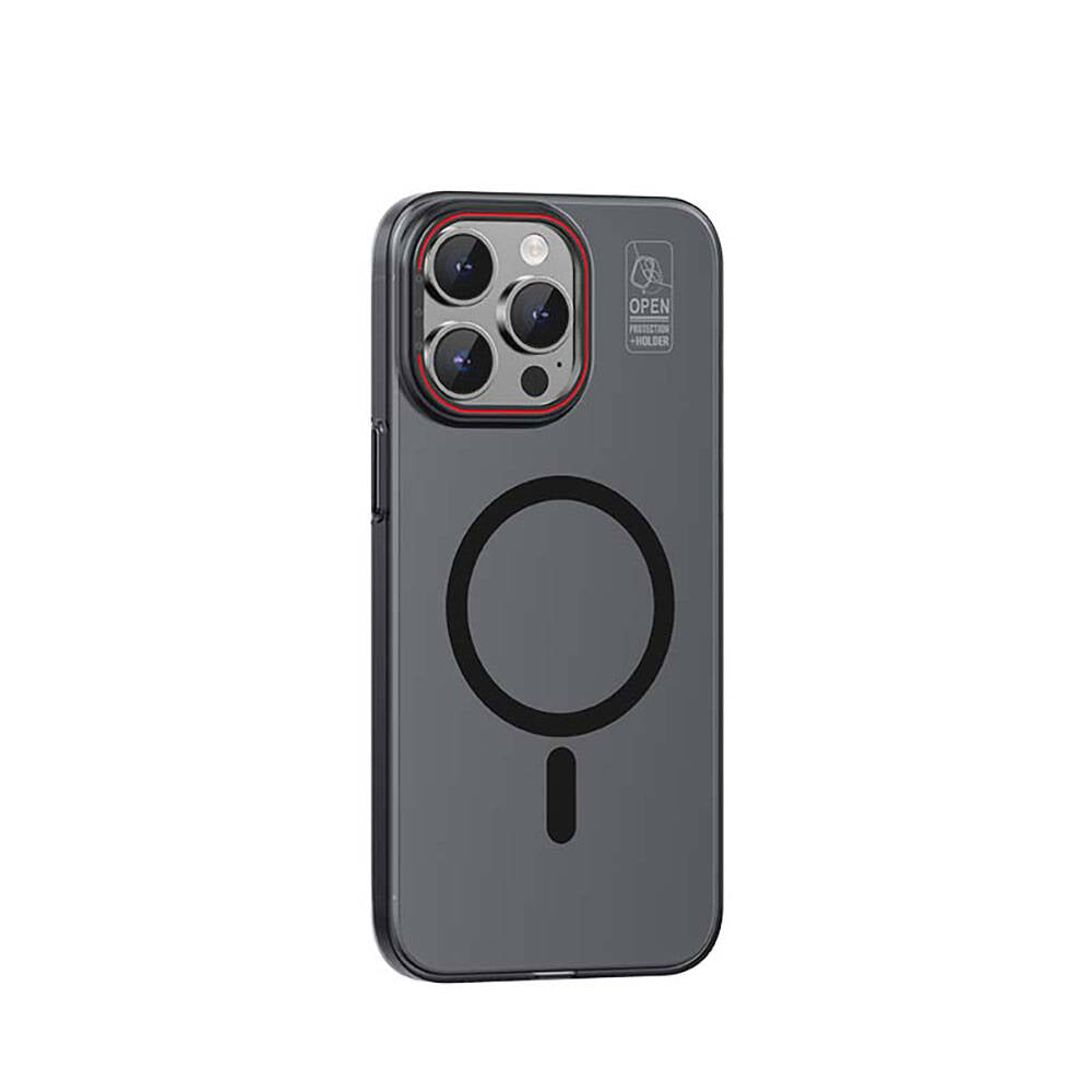 Apple iPhone 15 Pro Max Kılıf M-safe Şarj Özellikli Standlı Metal Kamera Çerçeveli Mat Recci Glaze Serisi Kapak Siyah