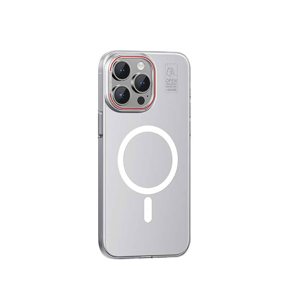 Apple iPhone 15 Pro Max Kılıf M-safe Şarj Özellikli Standlı Metal Kamera Çerçeveli Mat Recci Glaze Serisi Kapak Beyaz