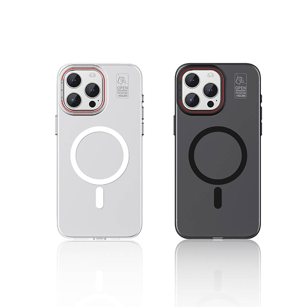 Apple iPhone 15 Pro Max Kılıf M-safe Şarj Özellikli Standlı Metal Kamera Çerçeveli Mat Recci Glaze Serisi Kapak Siyah