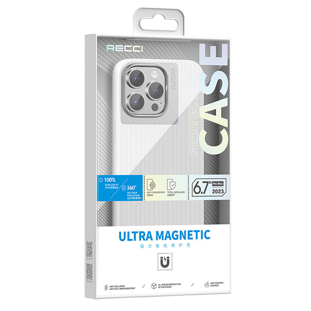 Apple iPhone 15 Pro Max Kılıf Recci Aurora Serisi M-safe Şarj Özellikli Kapak Beyaz