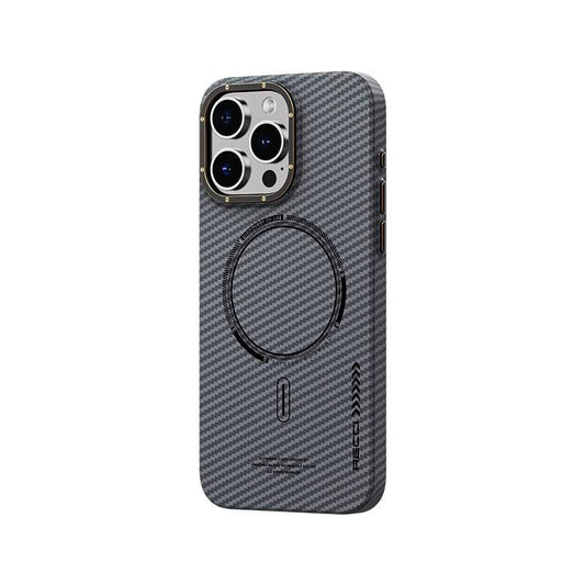 Apple iPhone 15 Pro Max Kılıf Recci Machinist Serisi M-safe Şarj Özellikli Magnetik Karbon Kapak Gri