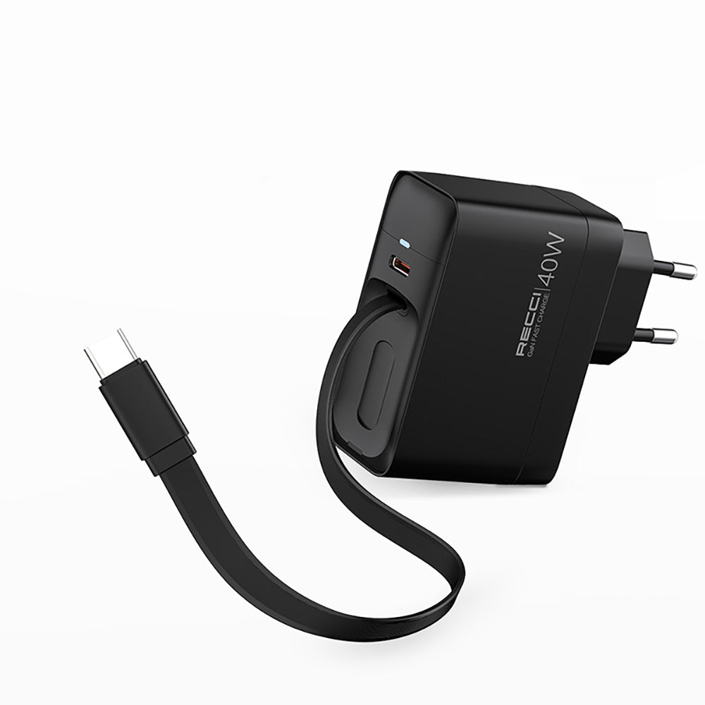 Recci RC102E GaN Teknolojili Hızlı Şarj Başlığı USB-A to Type-C PD 40W Type-C Kablolu Şarj Seti Siyah