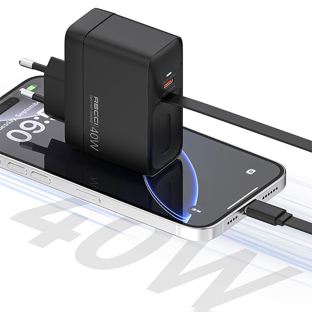 Recci RC102E GaN Teknolojili Hızlı Şarj Başlığı USB-A to Type-C PD 40W Type-C Kablolu Şarj Seti Siyah