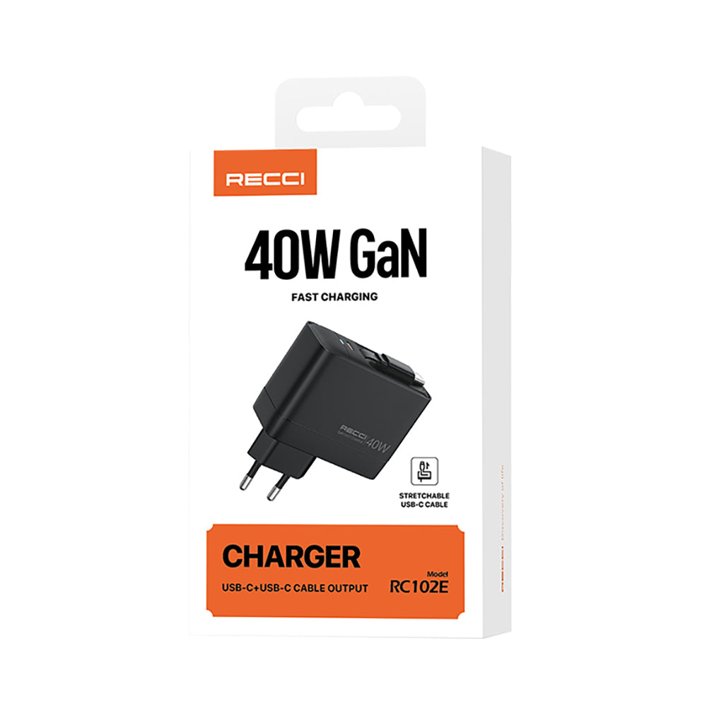 Recci RC102E GaN Teknolojili Hızlı Şarj Başlığı USB-A to Type-C PD 40W Type-C Kablolu Şarj Seti Siyah