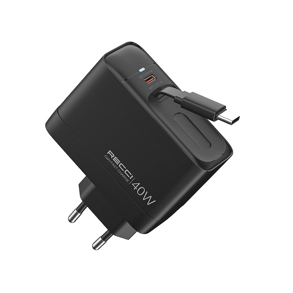 Recci RC102E GaN Teknolojili Hızlı Şarj Başlığı USB-A to Type-C PD 40W Type-C Kablolu Şarj Seti Siyah