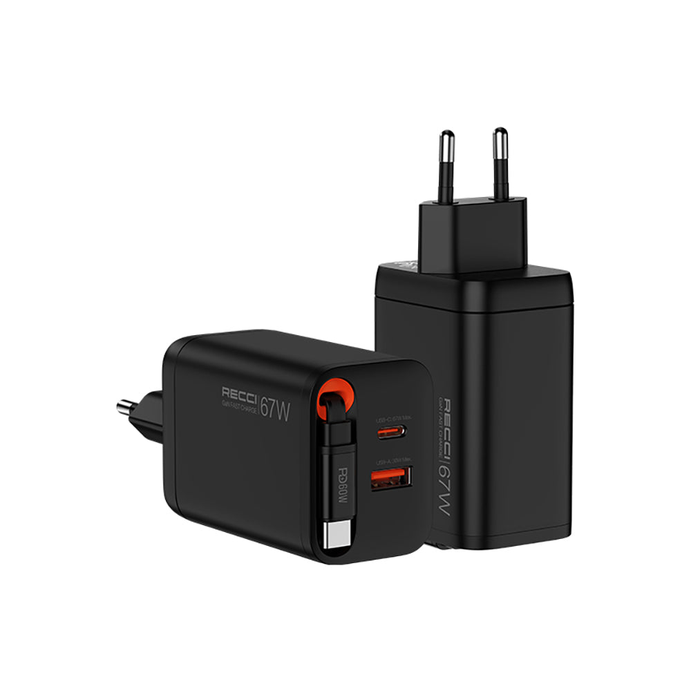 Recci RC103E GaN Teknolojili Hızlı Şarj Başlığı USB-A to Type-C PD 67W Type-C Kablolu Şarj Seti Siyah