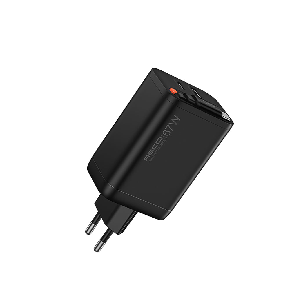 Recci RC103E GaN Teknolojili Hızlı Şarj Başlığı USB-A to Type-C PD 67W Type-C Kablolu Şarj Seti Siyah