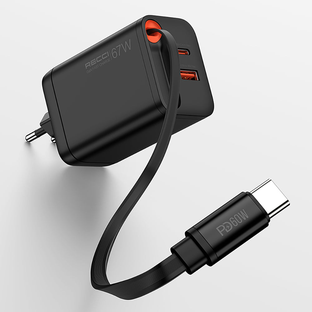 Recci RC103E GaN Teknolojili Hızlı Şarj Başlığı USB-A to Type-C PD 67W Type-C Kablolu Şarj Seti Siyah