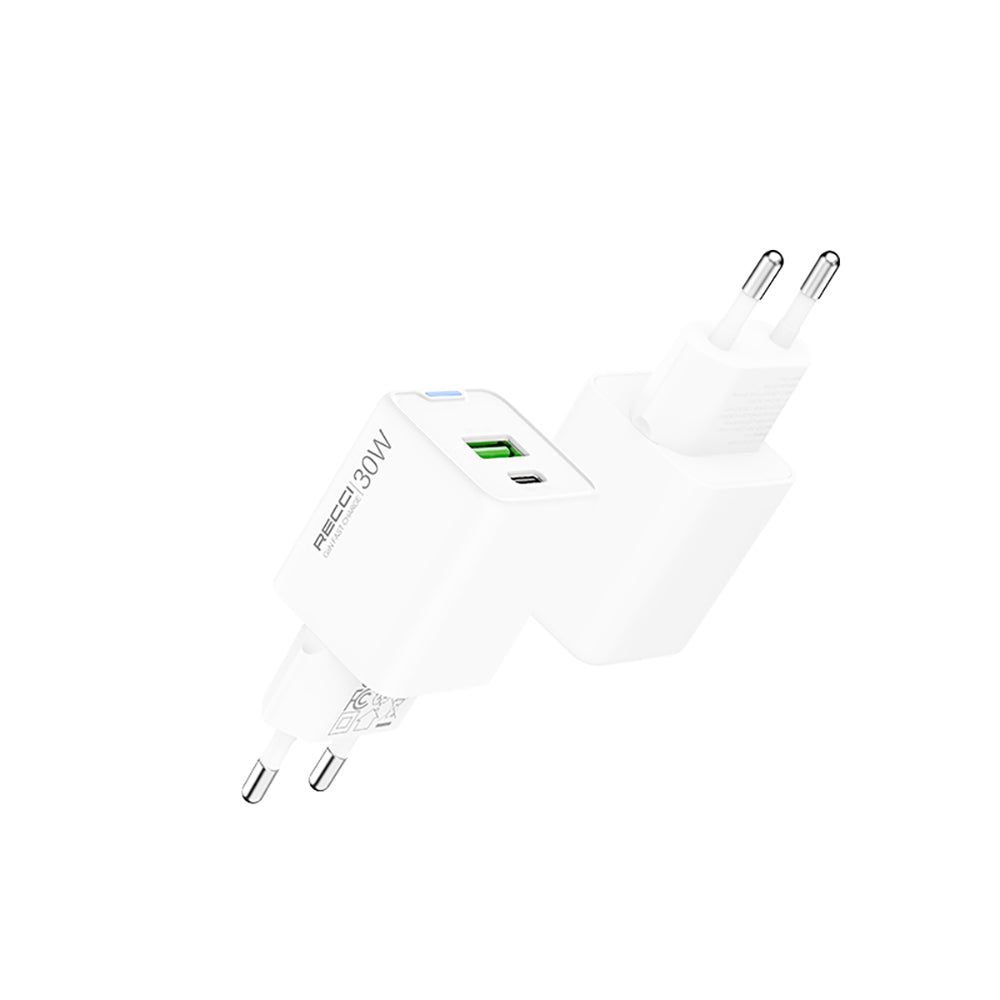 Recci RC107E Type-C PD & USB-A GaN Teknolojili Hızlı Şarj Başlığı 30W Beyaz