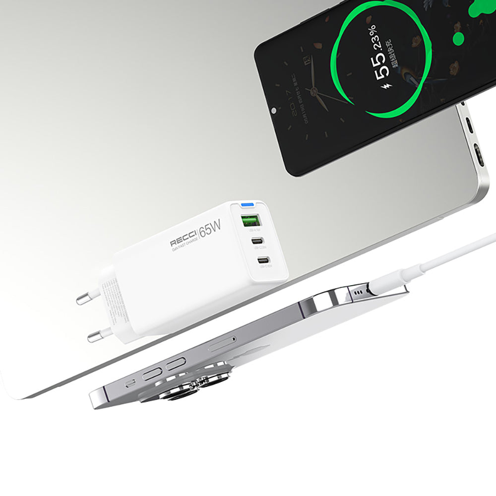 Recci RC109E Type-C PD & USB-A GaN Teknolojili Hızlı Şarj Başlığı 65W Beyaz