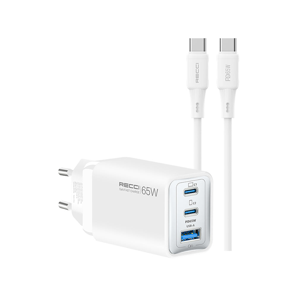 Recci RC123E Type-C PD GaN Teknolojili Mini Hızlı Şarj Seti 65W 1M Beyaz