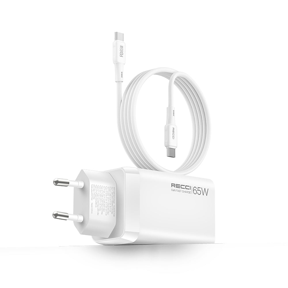 Recci RC123E Type-C PD GaN Teknolojili Mini Hızlı Şarj Seti 65W 1M Beyaz