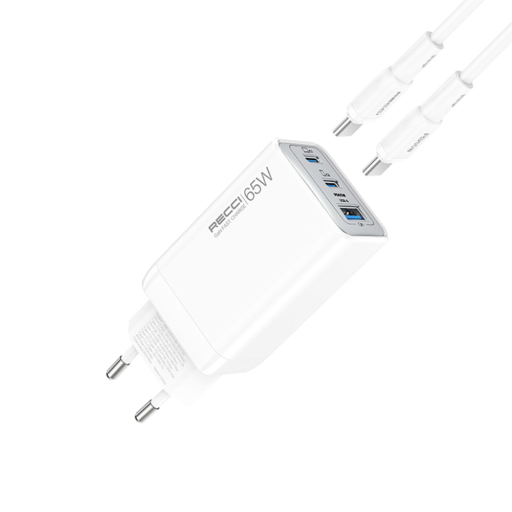 Recci RC123E Type-C PD GaN Teknolojili Mini Hızlı Şarj Seti 65W 1M Beyaz