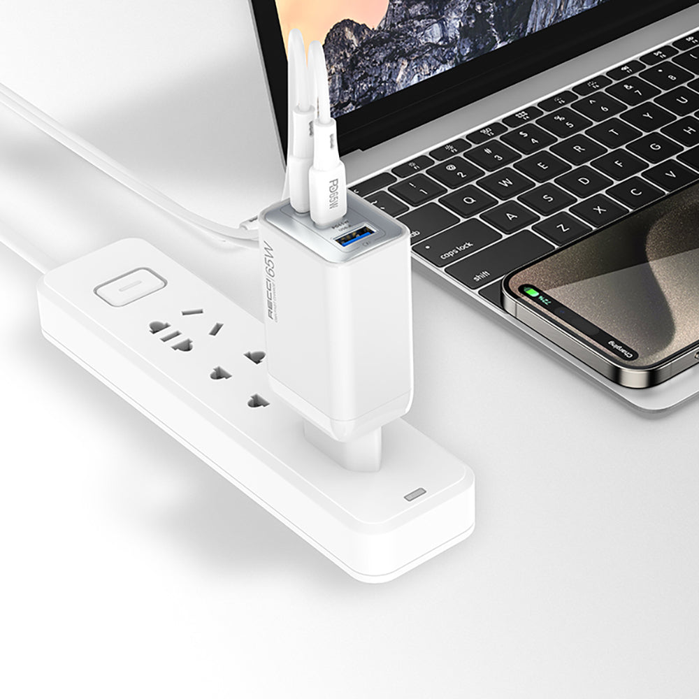 Recci RC123E Type-C PD GaN Teknolojili Mini Hızlı Şarj Seti 65W 1M Beyaz