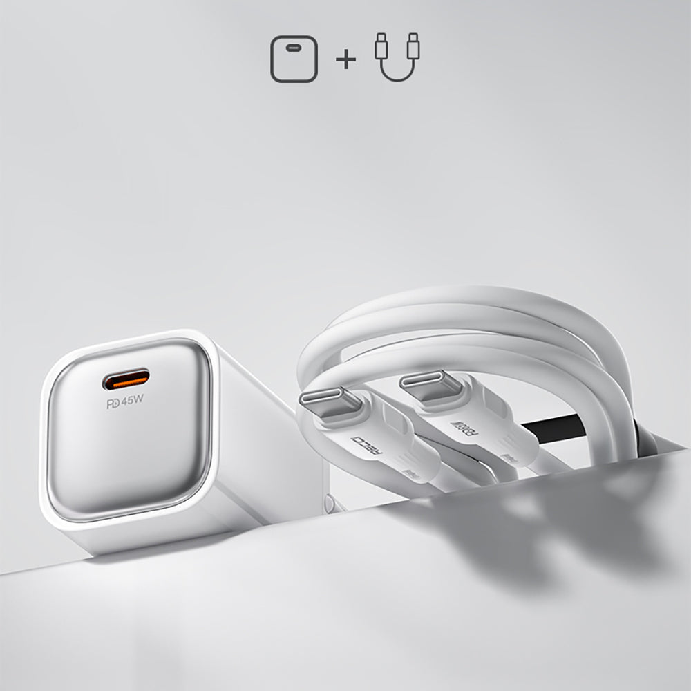 Recci RC132E Type-C PD GaN Teknolojili Mini Hızlı Şarj Seti 45W 1M Beyaz