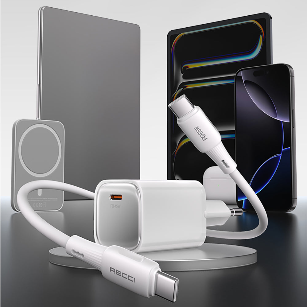 Recci RC132E Type-C PD GaN Teknolojili Mini Hızlı Şarj Seti 45W 1M Beyaz