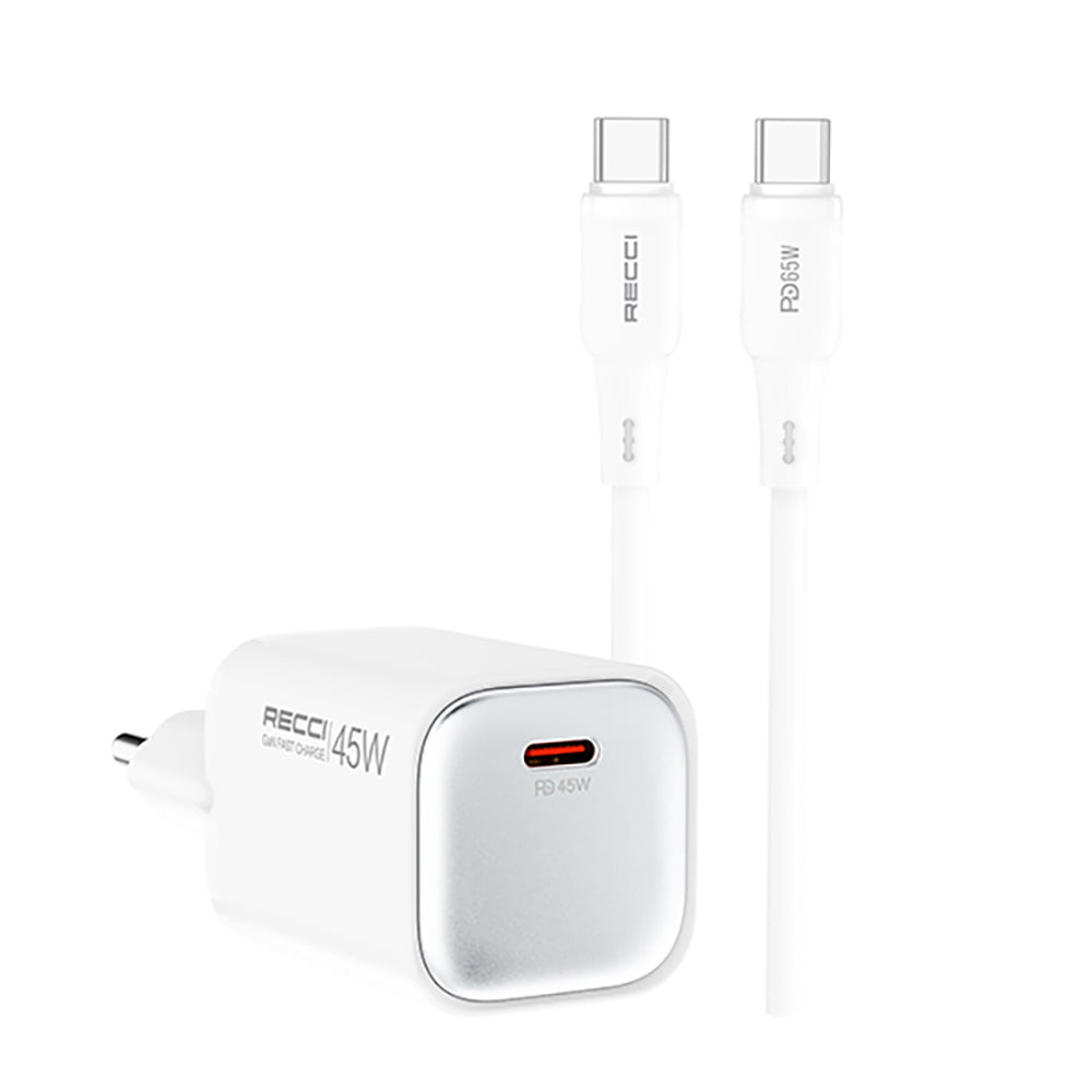 Recci RC132E Type-C PD GaN Teknolojili Mini Hızlı Şarj Seti 45W 1M Beyaz