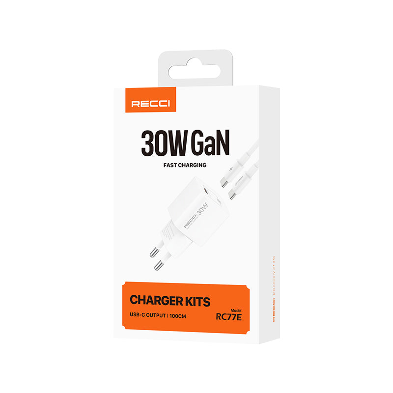 Recci RC77E GaN Teknolojili Hızlı Şarj Başlığı Type-C to Type-C PD 30W Kablolu Şarj Seti Beyaz