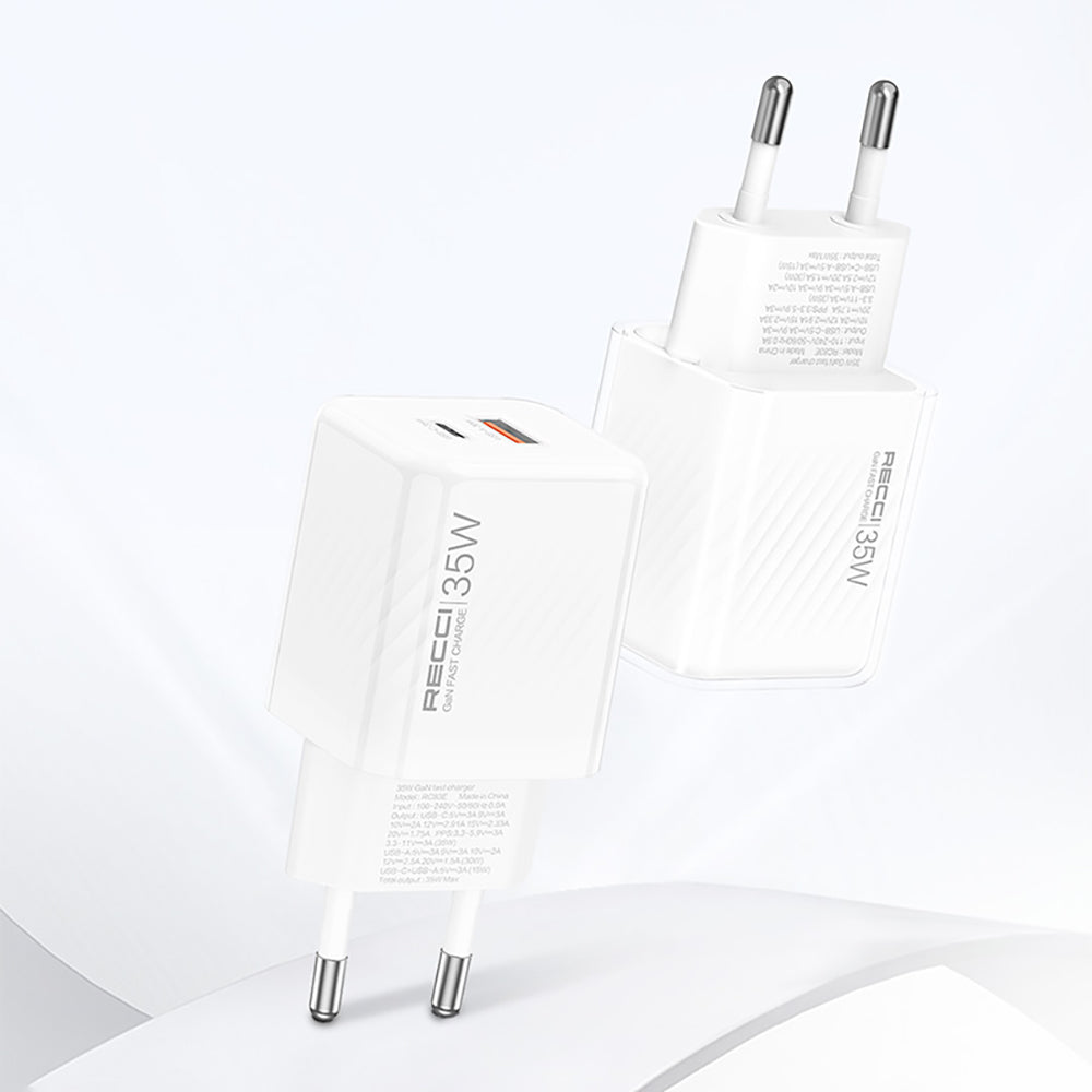 Recci RC83E Type-C PD & USB-A GaN Teknolojili QC3.0 Hızlı Şarj Başlığı 35W Beyaz
