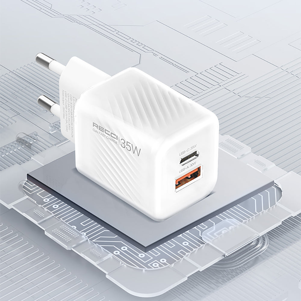 Recci RC83E Type-C PD & USB-A GaN Teknolojili QC3.0 Hızlı Şarj Başlığı 35W Beyaz
