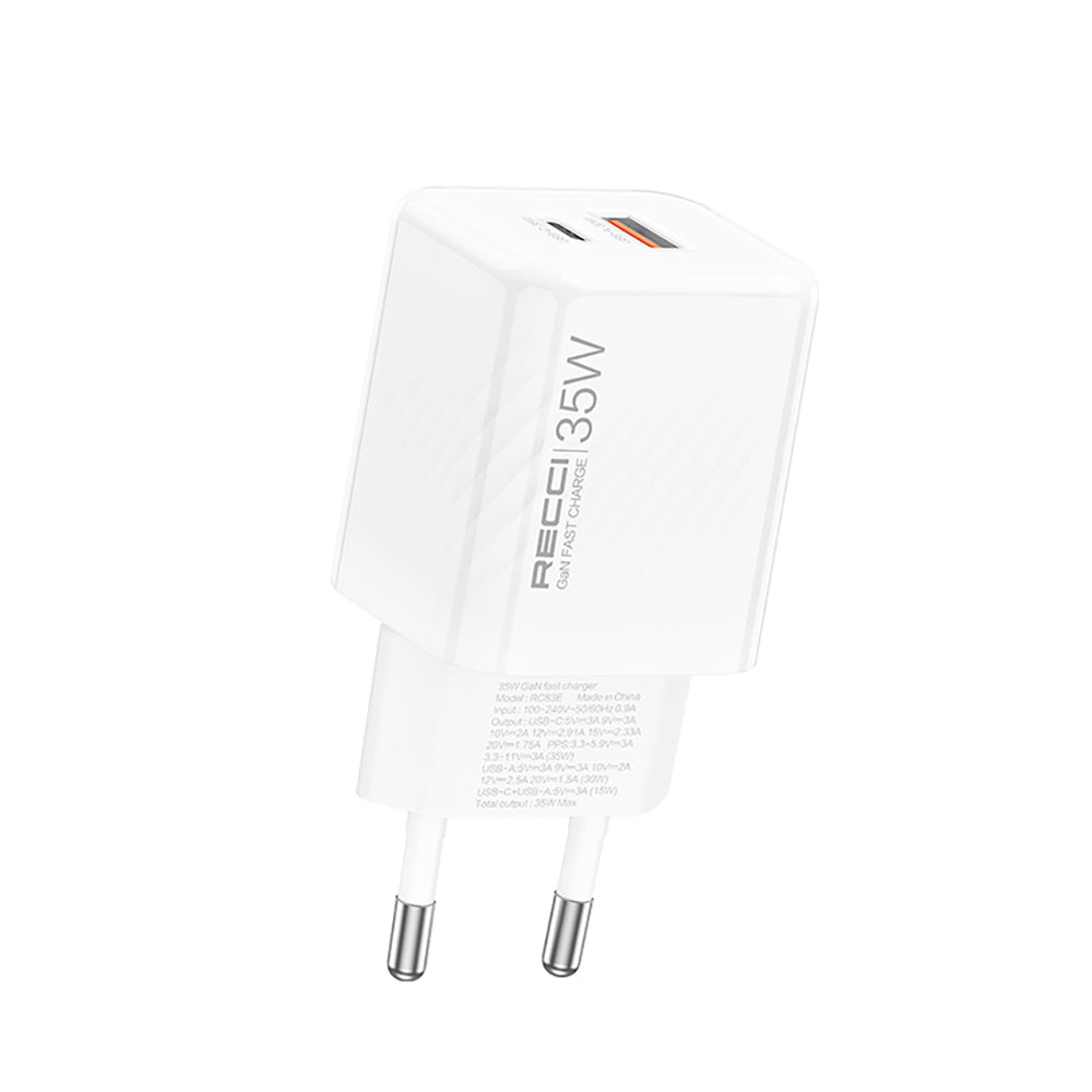 Recci RC83E Type-C PD & USB-A GaN Teknolojili QC3.0 Hızlı Şarj Başlığı 35W Beyaz