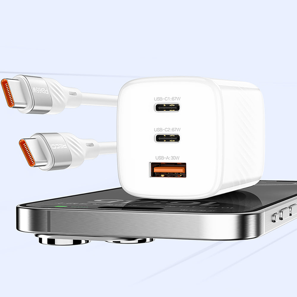 Recci RC85E GaN Teknolojili Hızlı Şarj Başlığı USB-A to Type-C PD 67W Kablolu Şarj Seti Beyaz