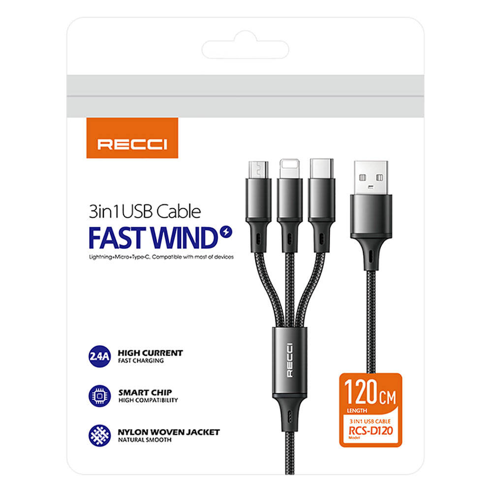 Recci RCS-D120 Fast Wind Serisi 3in1 USB-A to Lightning – Type-C – Micro Şarj ve Data Kablosu 1.2M Siyah