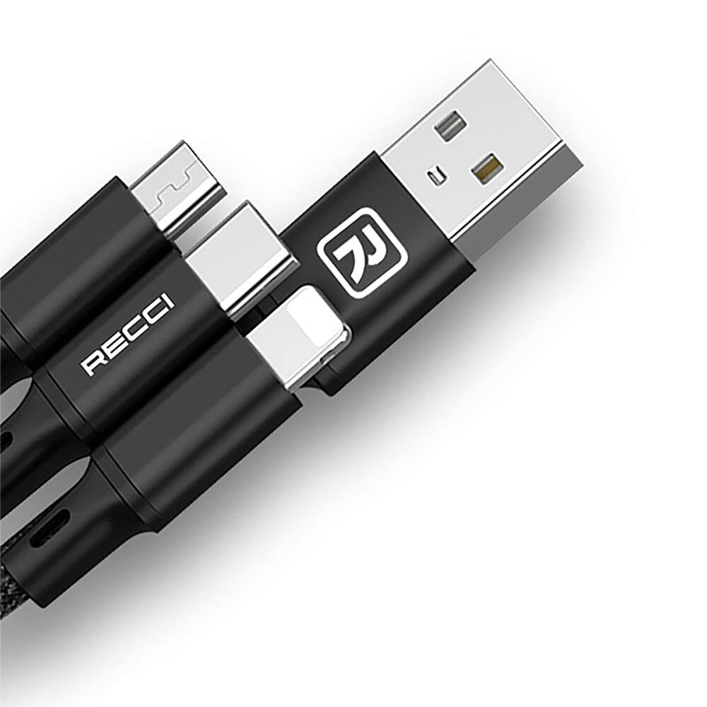 Recci RCS-D120 Fast Wind Serisi 3in1 USB-A to Lightning – Type-C – Micro Şarj ve Data Kablosu 1.2M Siyah
