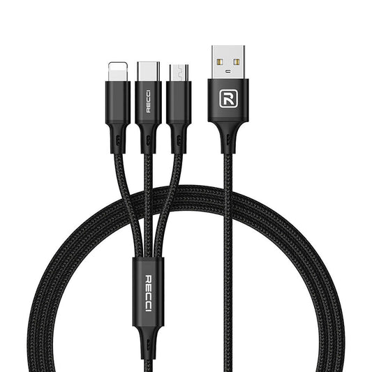Recci RCS-D120 Fast Wind Serisi 3in1 USB-A to Lightning – Type-C – Micro Şarj ve Data Kablosu 1.2M Siyah