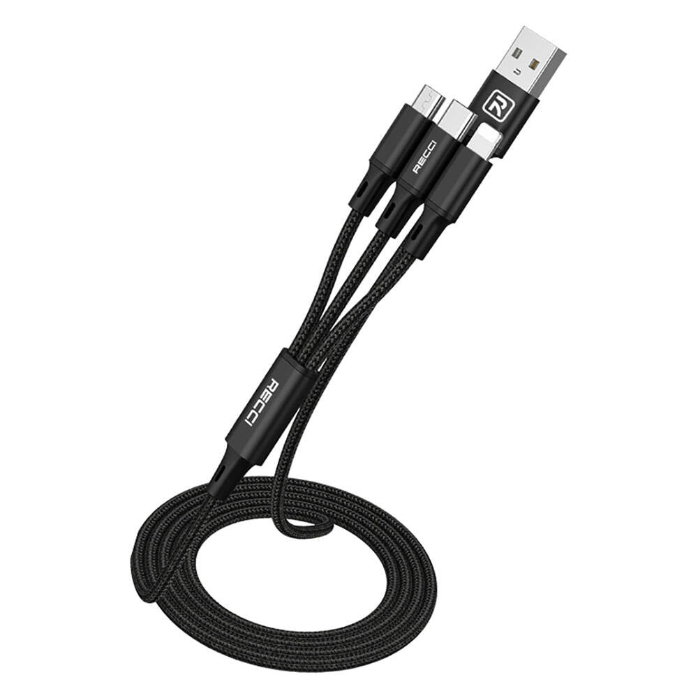 Recci RCS-D120 Fast Wind Serisi 3in1 USB-A to Lightning – Type-C – Micro Şarj ve Data Kablosu 1.2M Siyah