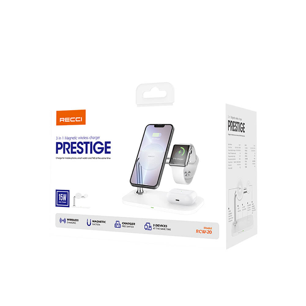 Recci RCW-20 Prestige Serisi 3in1 M-safe 15W Hızlı Şarj Özellikli Magnetik Kablosuz Şarj Standı Beyaz