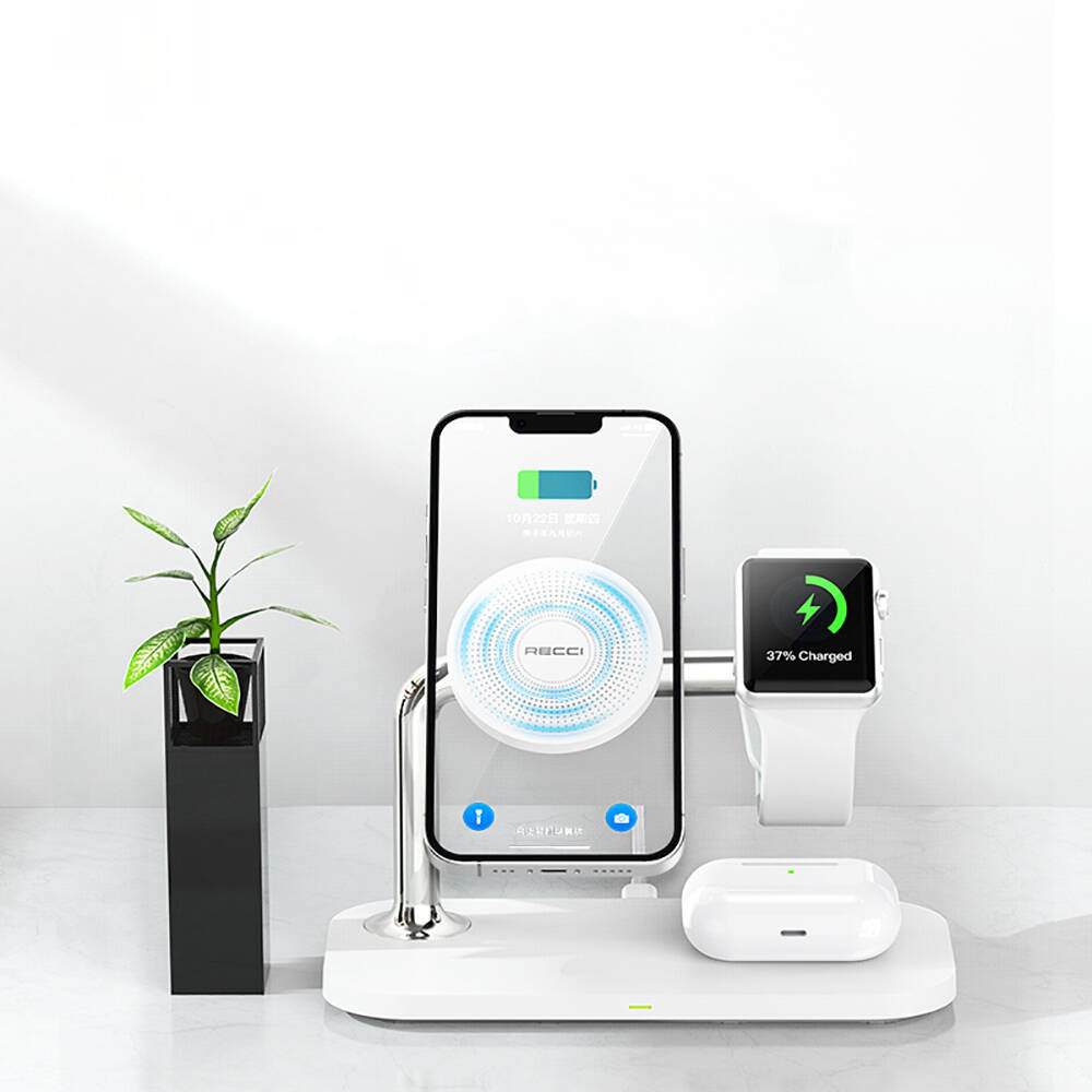 Recci RCW-20 Prestige Serisi 3in1 M-safe 15W Hızlı Şarj Özellikli Magnetik Kablosuz Şarj Standı Beyaz