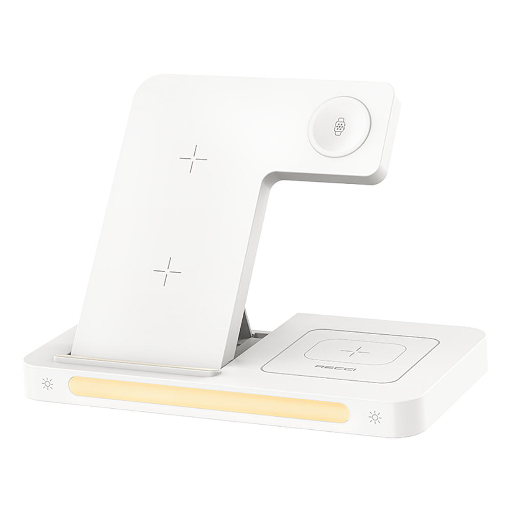 Recci RCW-31 4in1 M-safe 15W Hızlı Şarj Özellikli LED Işıklı Magnetik Kablosuz Şarj Standı Beyaz