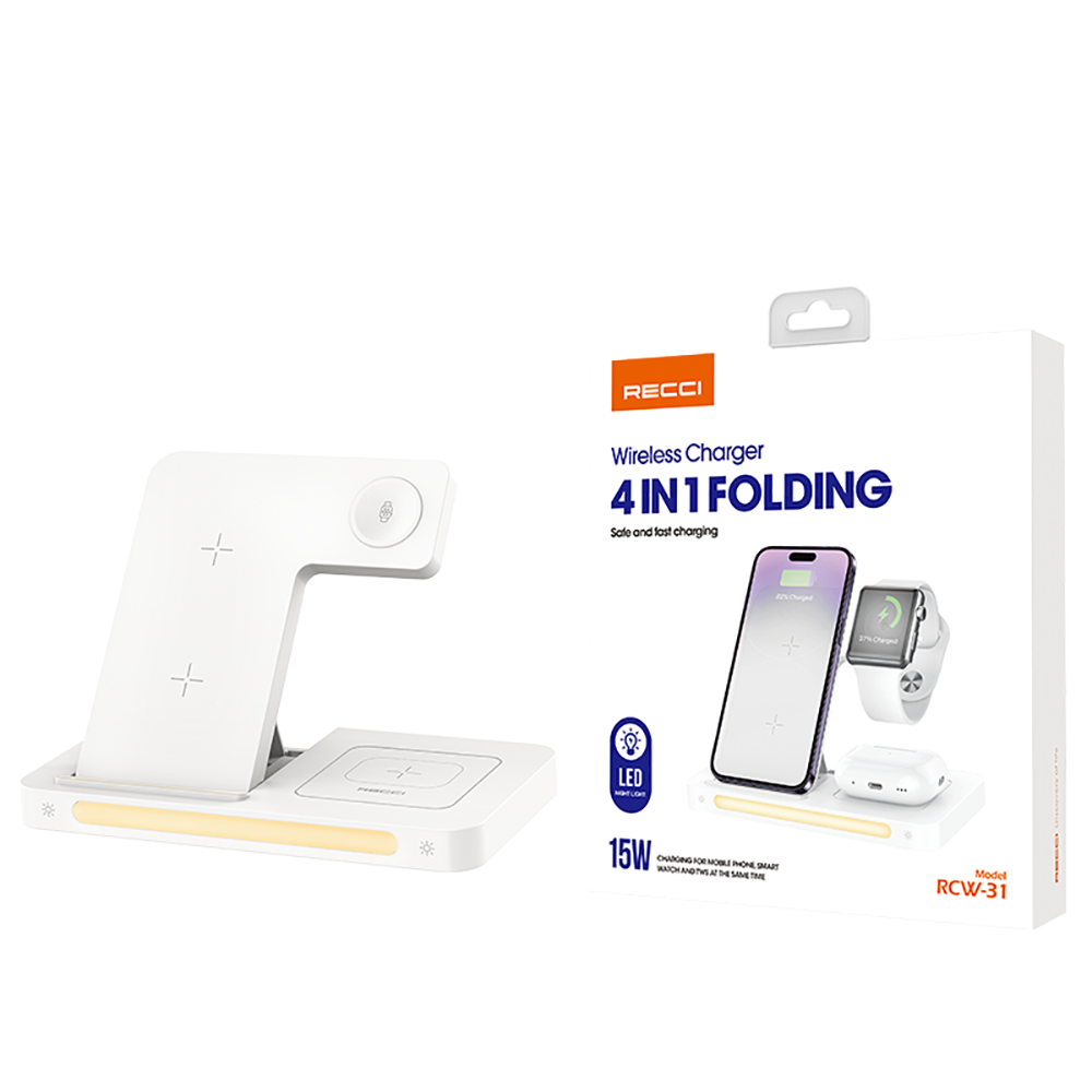 Recci RCW-31 4in1 M-safe 15W Hızlı Şarj Özellikli LED Işıklı Magnetik Kablosuz Şarj Standı Beyaz