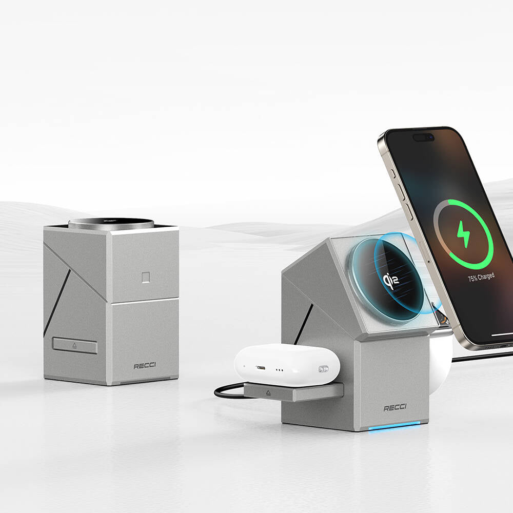 Recci RCW-47 Geometry Serisi Qi2 Şarj Teknolojili Rubik Küp Ambiyans Işıklı Telefon&Akıllı Saat&Kulaklık 15W 3in1 Kablosuz Şarj Standı Gri