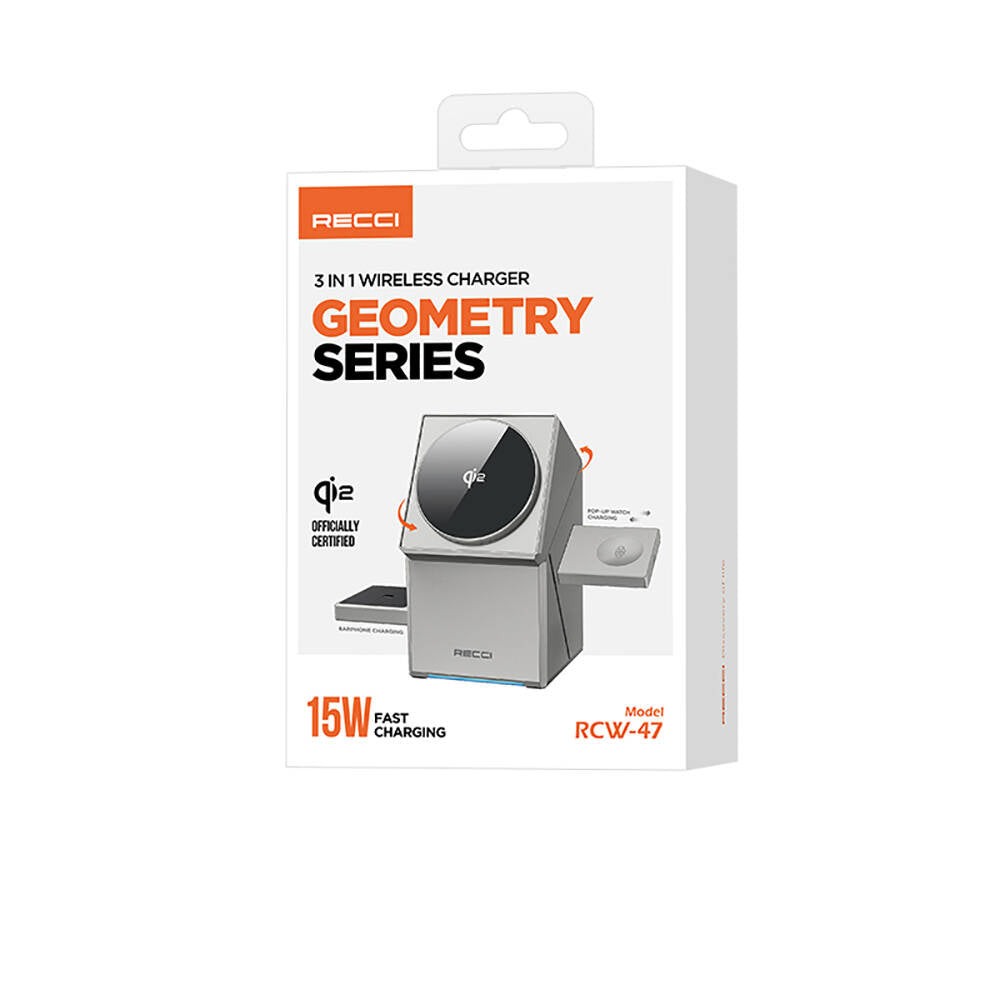 Recci RCW-47 Geometry Serisi Qi2 Şarj Teknolojili Rubik Küp Ambiyans Işıklı Telefon&Akıllı Saat&Kulaklık 15W 3in1 Kablosuz Şarj Standı Gri