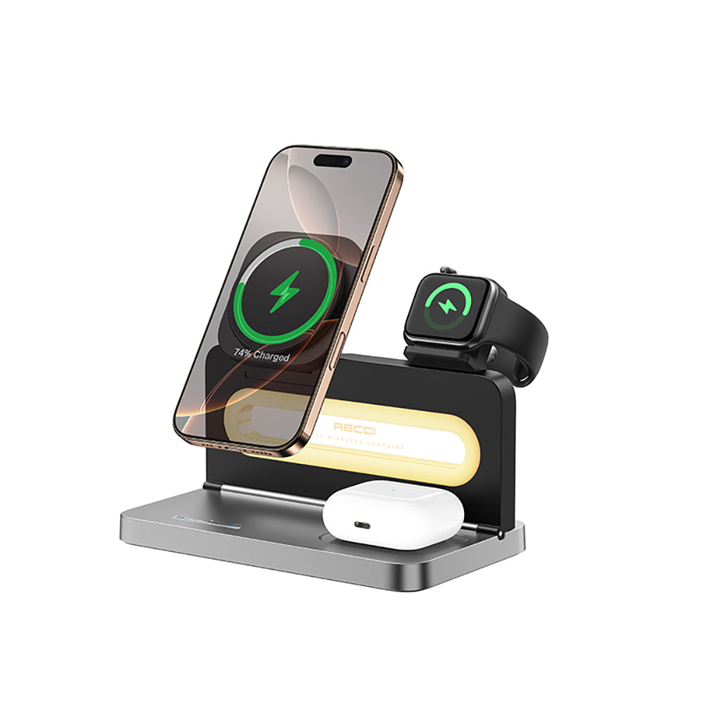 Recci RCW-49 Ambiyans Işıklı Telefon&Akıllı Saat&Kulaklık 15W 4in1 Kablosuz Şarj Standı Siyah