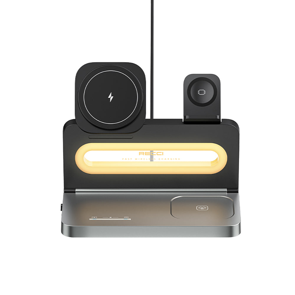 Recci RCW-49 Ambiyans Işıklı Telefon&Akıllı Saat&Kulaklık 15W 4in1 Kablosuz Şarj Standı Siyah