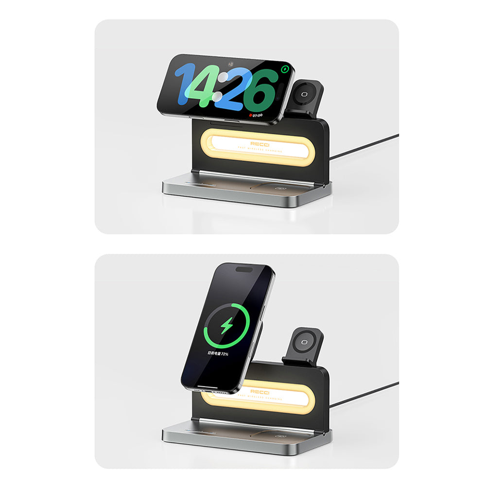 Recci RCW-49 Ambiyans Işıklı Telefon&Akıllı Saat&Kulaklık 15W 4in1 Kablosuz Şarj Standı Siyah